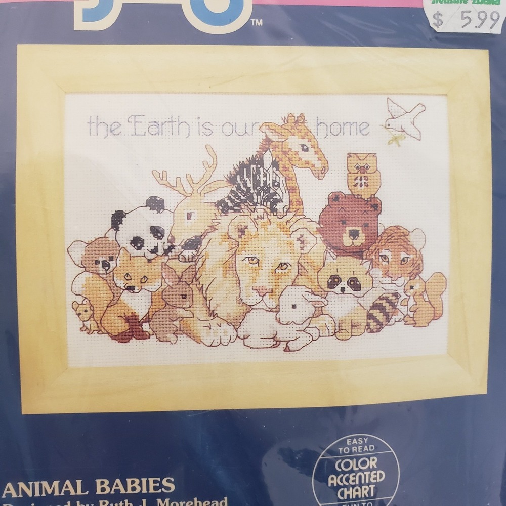 New Sunset Jiffy Counted Cross Stitch Kit "Animal Babies" 7" X 5" Vintage 1991